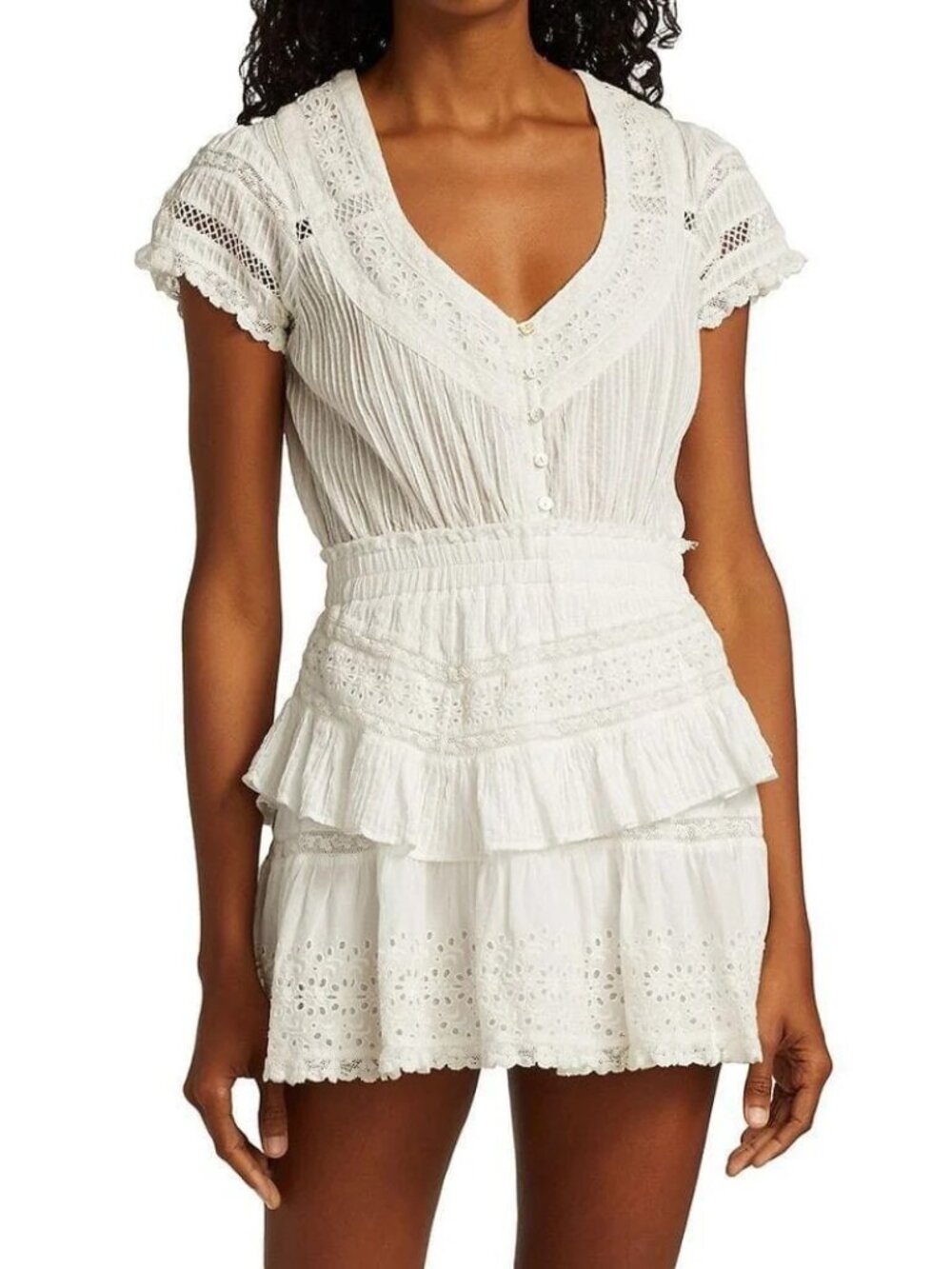LoveShackFancy Jeromie White V-Neck Eyelet Mini Dress, Small - Picture 4 of 10